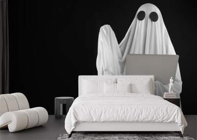 Creepy ghost. Person in white sheet with laptop on black background, space for text Wall mural