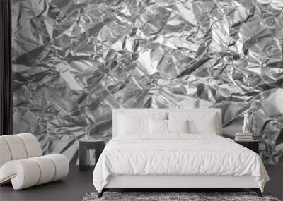 Crumpled silver foil as background, closeup view Wall mural