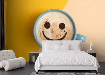 Cup of aromatic hot coffee on color background, top view Wall mural