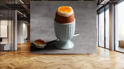 Cup with fresh soft boiled egg on grey table, closeup Wall mural