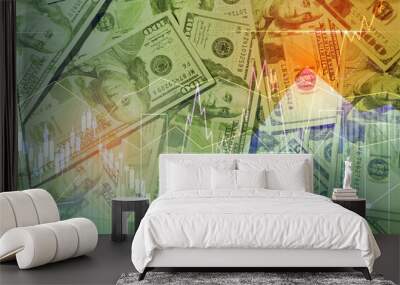 Currency trading. Dollar bills and graphs, color toned Wall mural