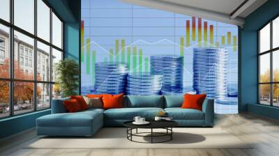 Currency trading. Stacked coins and graphs, color toned Wall mural