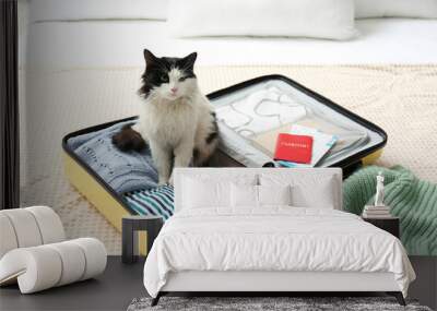 Cute cat sitting in suitcase with clothes and tickets on bed Wall mural