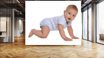 Cute little baby boy crawling on white background Wall mural