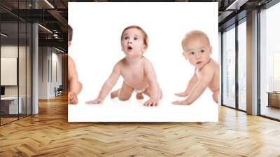 Cute little baby crawling on white background Wall mural