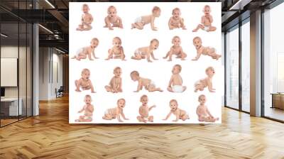 Cute little baby crawling on white background Wall mural