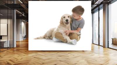 Cute little child with his pet on white background Wall mural