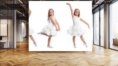 Cute little girl in beautiful dress dancing on white background, set of photos Wall mural