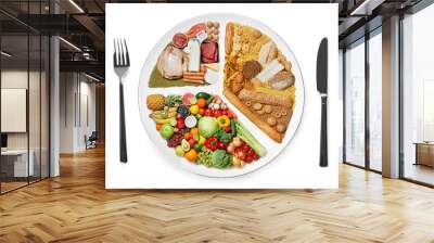 Cutlery near plate with different products on white background, top view. Balanced food Wall mural