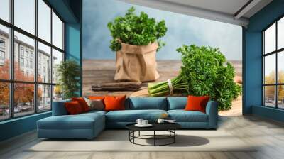 Cutting board with fresh green parsley on kitchen table Wall mural