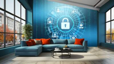 Cyber security concept. Scheme with padlock illustration and binary code on background Wall mural