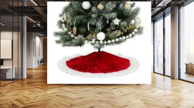 Decorated Christmas tree with red skirt on white background Wall mural