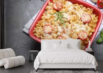 Delicious al forno pasta in baking dish on grey table, closeup Wall mural