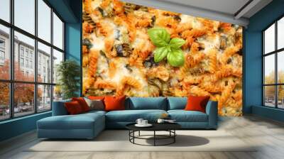 Delicious al forno pasta with basil, closeup Wall mural