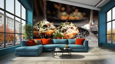 Delicious bruschettas with beef and cheese on grey table, closeup Wall mural