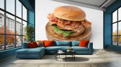 Delicious burger with bacon and greens on white table, closeup Wall mural