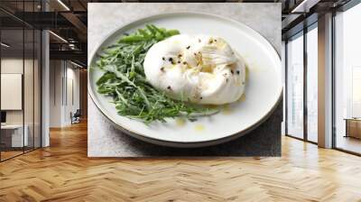 Delicious burrata cheese, arugula and spices on grey table, closeup Wall mural