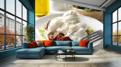 Delicious burrata cheese and sun-dried tomatoes served on white table, closeup Wall mural