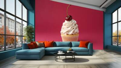 Delicious cupcake with cream and cherry on red background Wall mural