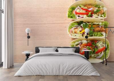 Delicious fish tacos served on wooden table, top view with space for text Wall mural