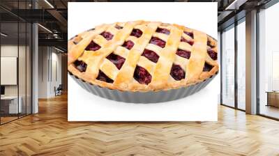 Delicious fresh cherry pie in baking dish isolated on white Wall mural