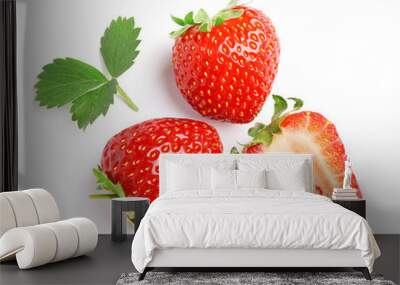 Delicious fresh red strawberries and green leaf on white background, top view Wall mural