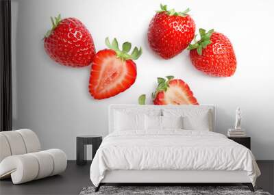 Delicious fresh red strawberries on white background, top view Wall mural