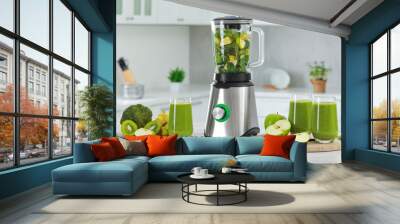 Delicious fresh smoothie and blender with ingredients on white marble table in kitchen Wall mural