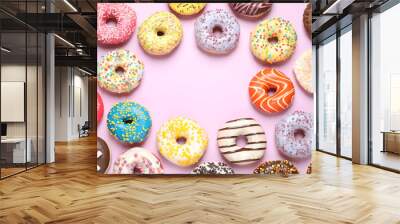 Delicious glazed donuts on lilac background, flat lay. Space for text Wall mural