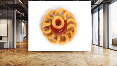 Delicious golden onion rings with ketchup isolated on white, top view Wall mural