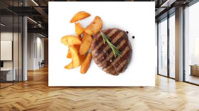 Delicious grilled beef medallion with fried potatoes isolated on white, top view Wall mural