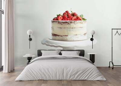 Delicious homemade cake with fresh berries on stand against light background Wall mural