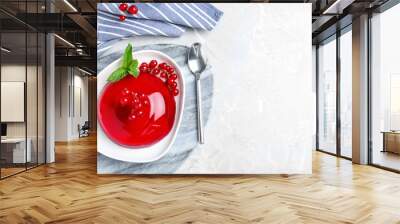 Delicious jelly with berries and mint on grey table, flat lay. Space for text Wall mural