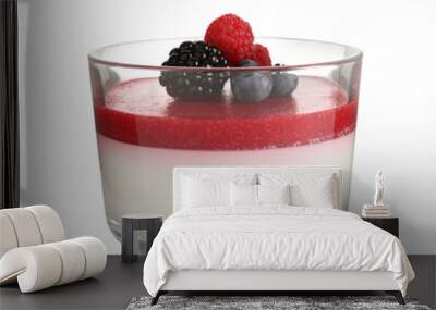 Delicious panna cotta with fruit coulis and fresh berries isolated on white Wall mural