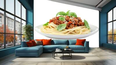 Delicious pasta bolognese with basil isolated on white Wall mural