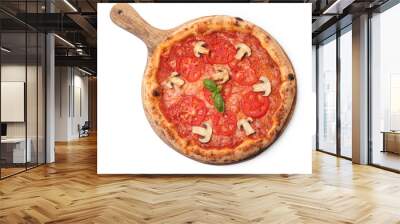 Delicious pizza with tomatoes, mushrooms and basil isolated on white, top view Wall mural