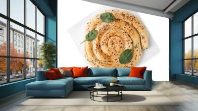 Delicious puff pastry with spinach isolated on white, top view Wall mural