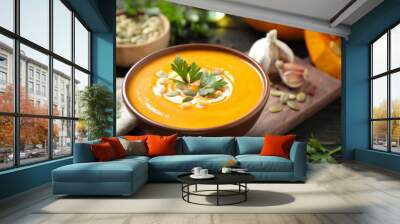 Delicious pumpkin soup in bowl on wooden table Wall mural