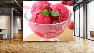 Delicious raspberry sorbet, mint and fresh berries on white wooden table, closeup Wall mural