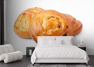 Delicious rolls with raisins isolated on white. Sweet buns Wall mural