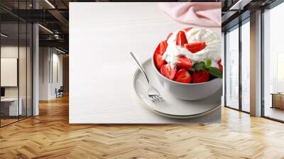 Delicious strawberries with whipped cream served on white wooden table. Space for text Wall mural