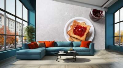 Delicious toasts with jam on light table, top view. Space for text Wall mural