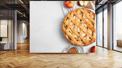 Delicious traditional apple pie on white table, flat lay. Space for text Wall mural