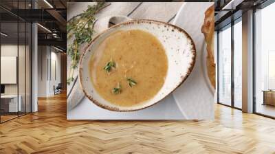 Delicious turkey gravy and thyme on white table, top view Wall mural