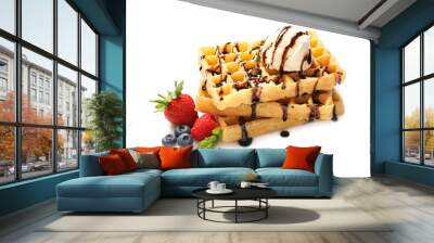 Delicious waffles with berries, ice cream and chocolate syrup on white background Wall mural