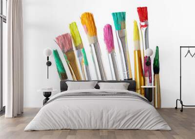 Different brushes with paints on white background Wall mural