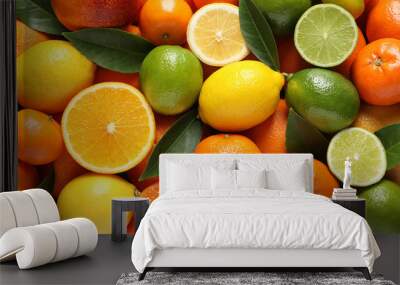 Different citrus fruits with leaves as background, top view Wall mural