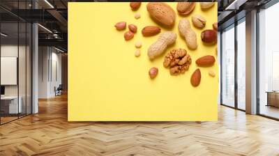 Different delicious nuts on yellow background, flat lay. Space for text Wall mural