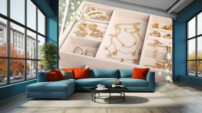 Different elegant bijouterie in pink jewelry box, closeup Wall mural