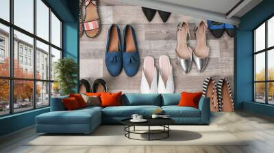 Different female shoes on wooden background, top view Wall mural